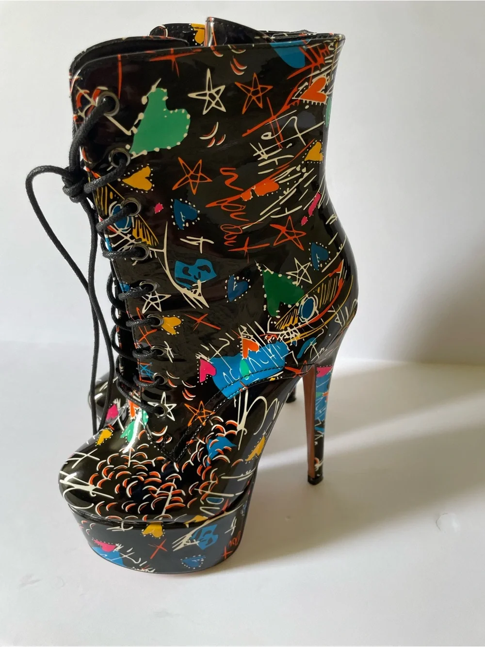 Fun Women’s Platform Graffiti High Heel Stiletto Lace-Up Ankle Booties Size 6 M
